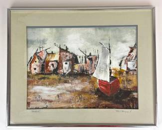 Lot 169  Beached  Signed Acrylic Harbor Painting by P. Baynard  Framed Coastal Art