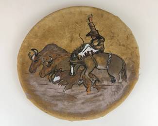 Lot 102  Vintage Western Cowboy Cattle Drive Painting on Round Leather Hide  Rustic Ranch Art