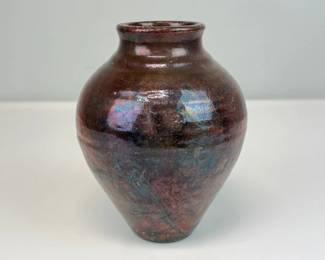 Lot 161  Signed Art Pottery Vase  Iridescent Metallic RakuStyle Glaze  Shades of Copper  Red