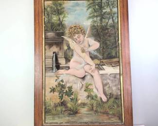 Lot 010  Antique Victorian Era Cupid Cherub at Fountain Framed Oil Painting on Canvas