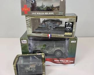 Lot 043  Lot of 4 Boxed Military Diecast Models  WWII Willys Jeeps, MASH  Aircraft