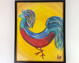 Lot 172  Original Colorful Rooster Acrylic Painting  Signed Framed Folk Art  Yellow Background