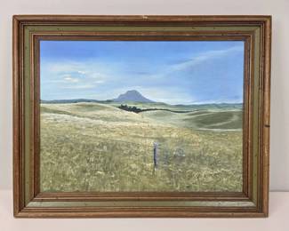 Lot 209  Original Prairie Landscape Painting  Rolling Grasslands  Distant Mountain  Framed