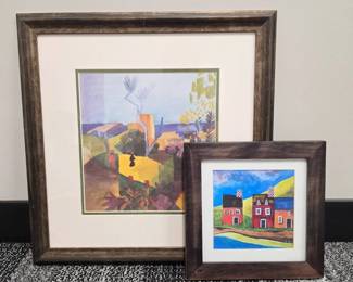 Lot 202  Lot of 2 Framed Color Lithographs  Landscape  Colorful Folk Art Houses