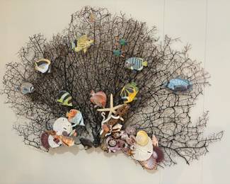 Black fan coral wall decor with hand-painted tropical fish & shells.