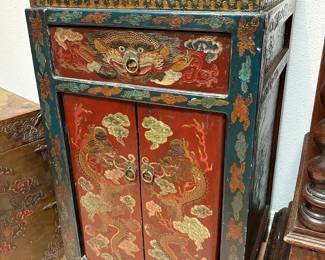Antique Tibetan polychrome lacquered elm wood cabinet decorated with dragons, clouds and foo dogs. Was $850…NOW $400