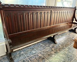 19th century English oak 10’ long pew with linen-fold carving. Was $1,200…NOW $500