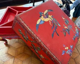 Vintage Chinese red lacquered serving box decorated in phoenix and floral motifs with inlaid abalone shell. Was $295…NOW $135
