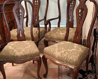 Set of 4 Edwardian carved walnut dining chairs with custom upholstery, early 20th century. Was $700…NOW $325