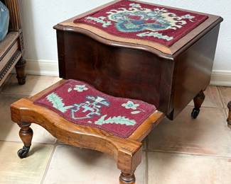Antique mahogany bedside commode/steps with needlework. Was $350…NOW $160