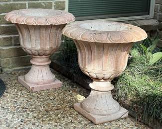 Pair of impressive neo-classical style pink granite garden urns. Were $1,300…NOW $600