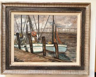 Impasto oil on board painting of Florida harbor scene, artist signed.