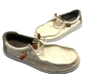 GUARANTEED AUTHENTIC Hey Dude Canvas Shoes – Cream with Brown & Tan Accents; Men's Size 12; Pre-Owned