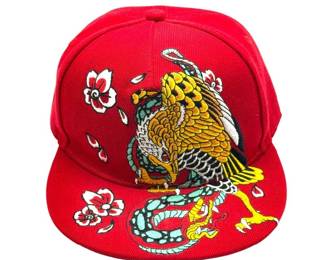 Red Embroidered Eagle Dragon Floral Snapback Flat Brim Hat - Pre-Owned