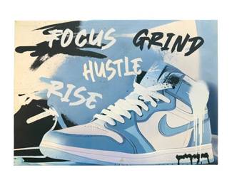 Nike Air Jordan 1 University Blue Sneaker Motivational Canvas Wall Art "Focus Grind Hustle Rise" - Pre-Owned 20"H x 28"W