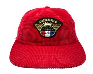 GUARANTEED AUTHENTIC Supreme Red Corduroy 6-Panel Hat with Embroidered Winged Globe Patch - Pre-Owned