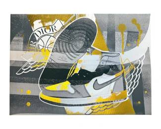 Nike Air Jordan 1 Sneaker Art Canvas – Dior-Inspired Black, Gray, White & Gold; Pre-Owned 20"H x 28"W
