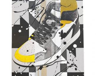 Nike Air Jordan 1 High Sneaker Canvas Art – Black, White & Gold; Pre-Owned 36"H x 24"W