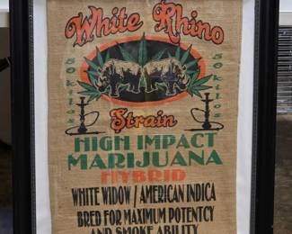 69 FramedBurlapWhiteRhinoCannabisStrainArt