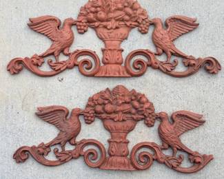 50 VintageCastIronArchitecturalBirdFruitUrnWallPlaquesPair