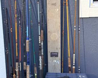 16 AssortedSpinningFishingRodsTackleandStorageBoxes
