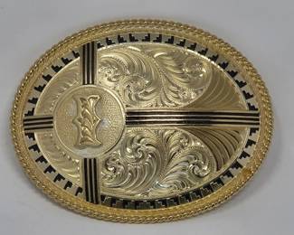 114 VintageMontanaSilversmithsGold4OvalBeltBuckleHandEngraved