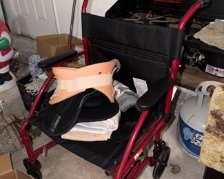 Transport chair, neck brace, back brace, back heating pad