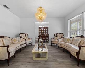 Elegant vintage living room set, including 2 sofas + 3 chairs (the 3rd chair is in another room), 1 middle matching table, 2 side tables, and decorative pillows. Can be sold together or separately.