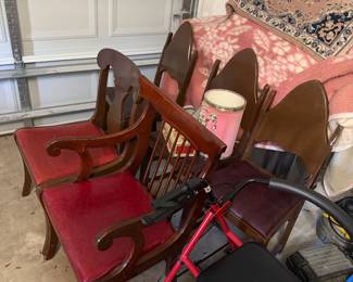 Red wood vintage style chairs and 4 wheeled rollator