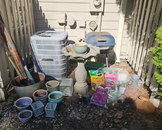 Various pots and bird bath