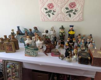 Vintage decanter bottle, Toby mugs etc
