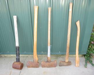 Lot 204. 13 lb. maul, splitting maul, 2 different axes, and a new axe handle.