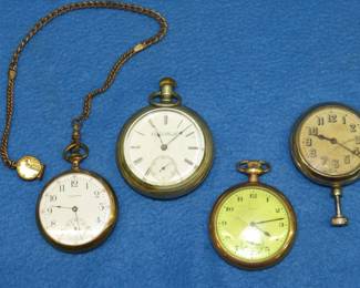 Lot 216. Four non-working pocket watches including a Waltham with a chain