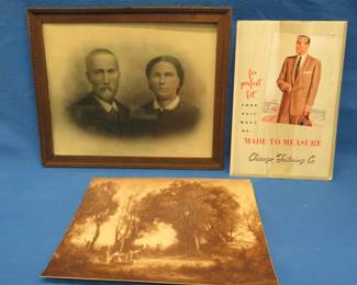 Lot 219. Framed couple, "Dance of the Nymphs" print, and an advertising piece