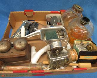 Lot 448. Oil lamp bases, demel grinding attachments, and more