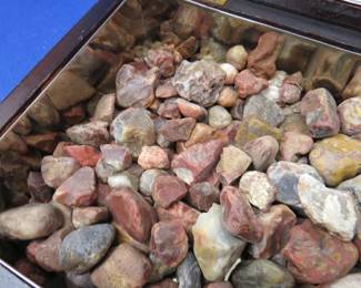 Lot 255. Agates in a wooden storage box. 8 lbs. total