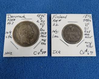 Lot 318. Denmark 1875 2 Kroner coin with approximately 15 grams of .800 silver, and a Finland 1874 .868 5.18-gram 1 mark coin