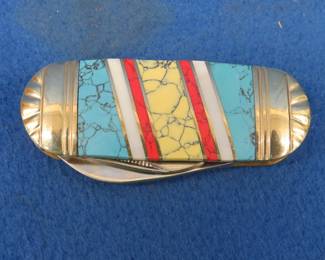 Lot 345. Schrade Custom Series folding knife featuring mosaic or inlaid handles in the box