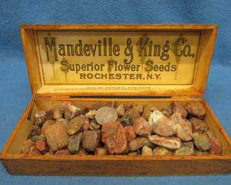 Lot 381. Four lbs. of agates, and one Mandeville&King Co. Wooden Box