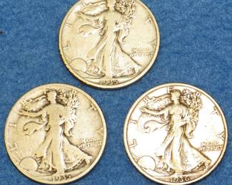 Lot 166. Three Walking Liberty Half dollars. 1935 D, 1935 S, and 1936 P.