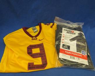 Lot 105. Nike Gopher Football jersey XL and a new Swiss Design 2XL rain poncho
