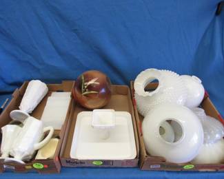 Lot 432. Vintage Milk Glass: Pitcher, Flower Vases, Plates, Globes, Etc.