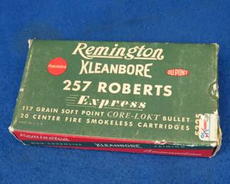 Lot 57. 20 Remington 257 Roberts rounds in a vintage box that is in good to very good condition