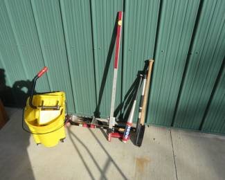 Lot 261. Mop pail, windshield ice/snow scrapers, aluminum baseball bat and more