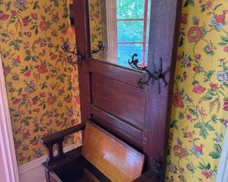 Antique hall tree with bench storage, 2'9" x 1'5" x 6'9"