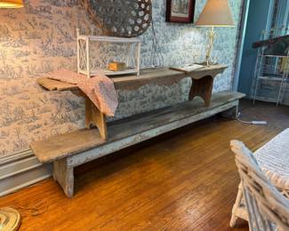 Old bench on top is 6'8" x 11.5" x 17", Blue bench on bottom is 9' x 1' x 14"