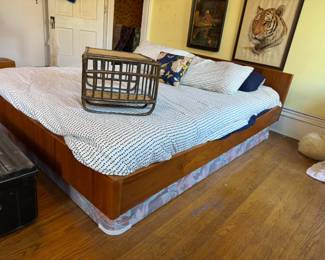 Mid-Century Modern teak queen size bed, W&B Mobler teak platform bed. Boxspring being used as platform