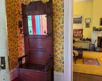 Antique hall tree with bench storage, 2'9" x 1'5" x 6'9"