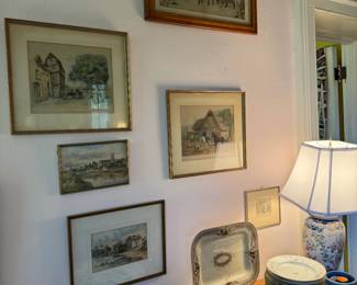 French etchings, very top is titled, "Leaving London to Spend Christmas in the Country"! Bottom left two are lovely old framed watercolor paintings