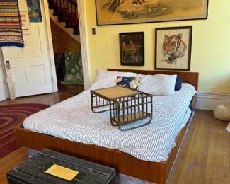 Mid-Century Modern teak queen size bed, W&B Mobler teak platform bed. Boxspring being used as platform